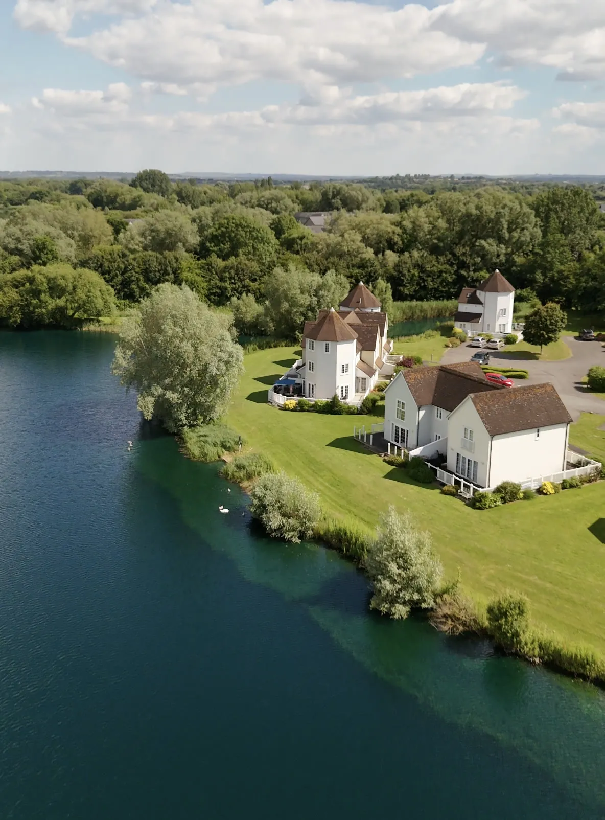 Aerial view of the turret lodges beside Windrush Lake